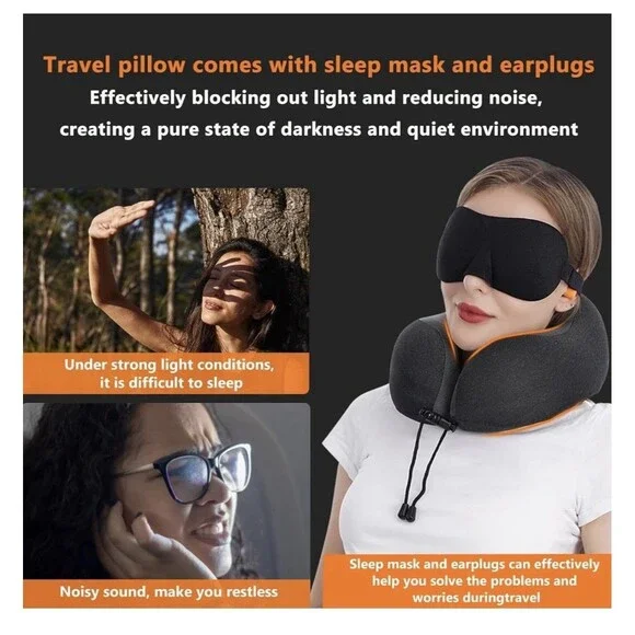 Memory Foam Neck Pillow Travel Kit w/ Eye Mask, Earplugs & Bag – Black - Picture 4 of 8